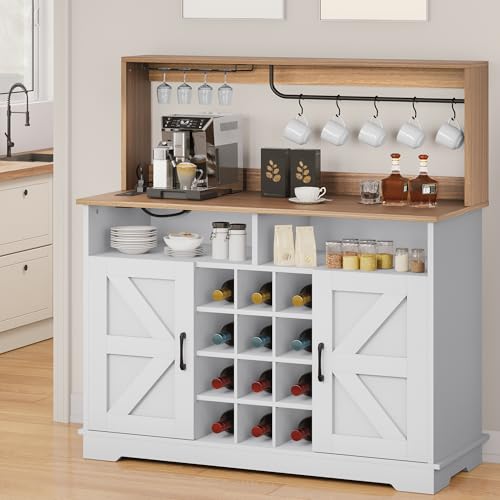 YITAHOME 47" Farmhouse Buffet Cabinet with Storage, Coffee Bar Cabinet with Power Outlet & Goblet Holder, Sideboard Cabinet for Kitchen