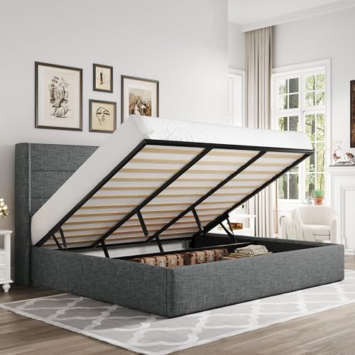 Allewie Full Size Lift Up Storage Bed, Modern Wingback Headboard, Hydraulic Support, No Box Spring Needed, Light Beige