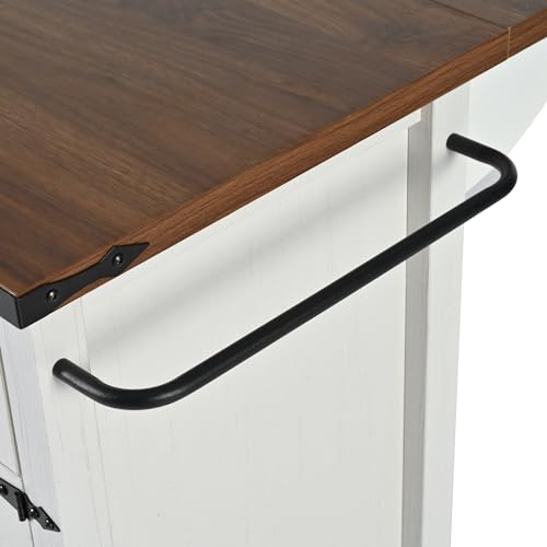 Kitchen Island Cart With Power Outlet, 2 Doors, Drop Leaf, Spice Rack, 2 Drawers - Rolling Storage Cart on Wheels for Home and Dining Room - White