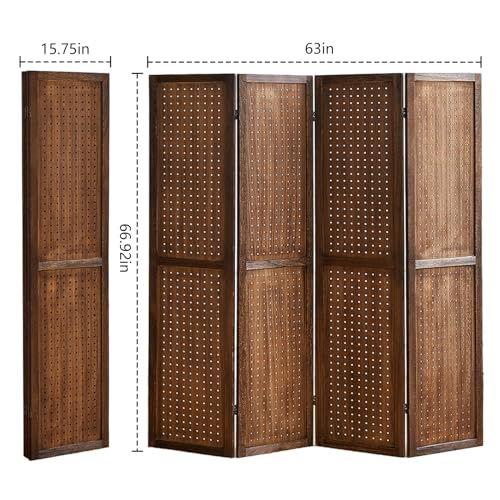4 Panel Room Dividers and Folding Privacy Screens, 5.6Ft Wooden Pegboard Display, Privacy Dividers for Bedroom