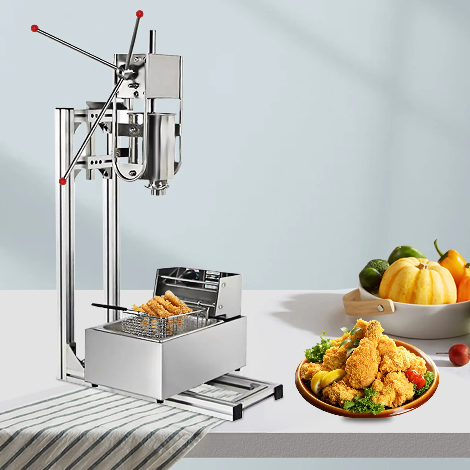 Miumaeov Churros Machine Manual Stainless Steel Vertical Sausage Stuffer with Fryer 2 in 1 Sausage Maker Spanish Churro Maker Commercial Home Spanish