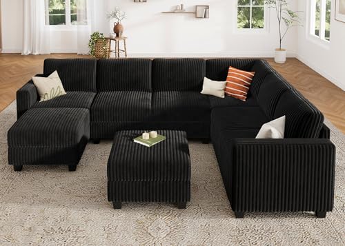 HONBAY Corduroy Modular Sectional Couch with Storage L-Shaped Sectional Couches for Living Room 6 Seater Modular Sofa, Dark Gray