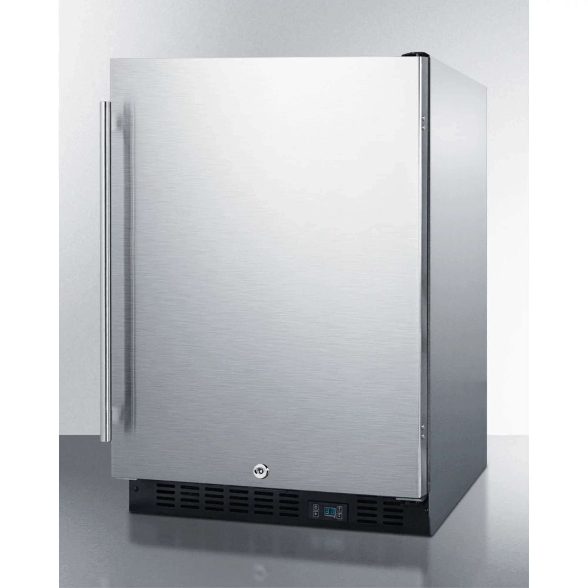 Built-in undercounter commercial refrigerator with SS interior, door, and cabinet