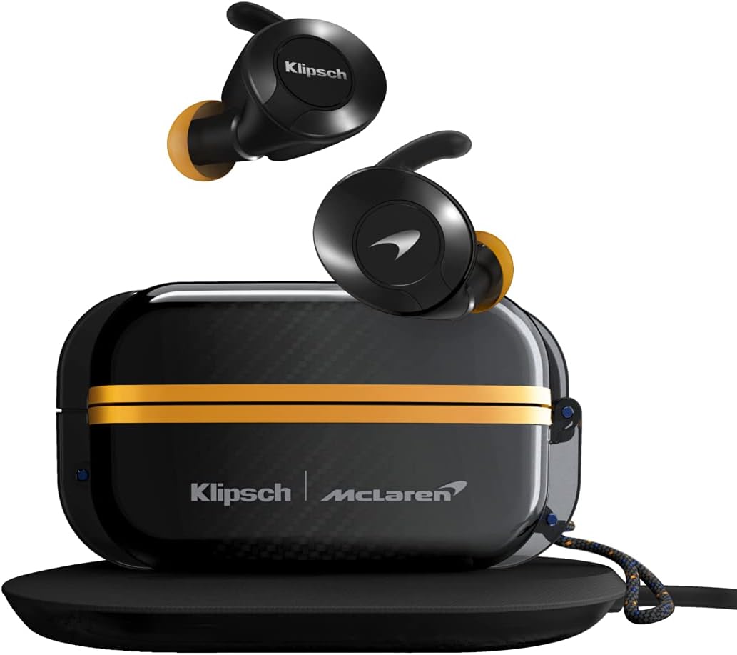 Klipsch T5 II True Wireless Sport Earphones McLaren Edition with Dust/Waterproof Case & Earbuds, Best Fitting Ear Tips, Ear Wings