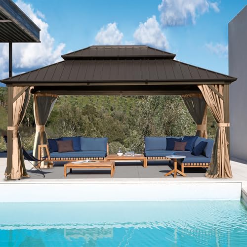 Domi 10' x 10' Hardtop Gazebo Outdoor Metal Gazebo with Galvanized Steel Double Roof Canopy, Curtains and Netting for Patio, Backyard, Deck