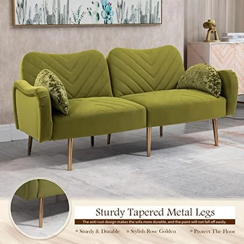 RUNFAYBIU Modern Velvet Futon Sofa Bed  Convertible Loveseat with 2 Crescent-shaped Pillows  Small Sleeper Sofa with 3 Adjustable Positions