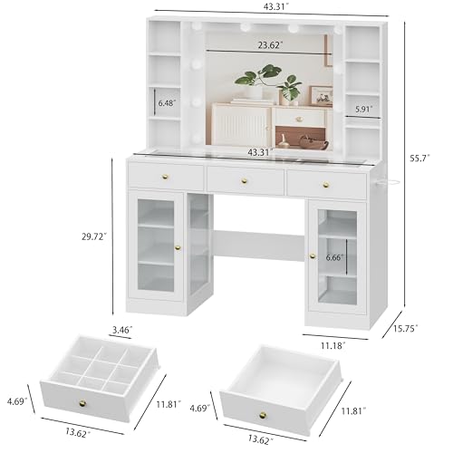 White Vanity Desk with Mirror and Lights, Glass Top Vanity with Lighted Mirror & RGB Glass Cabinet and 3 Drawers