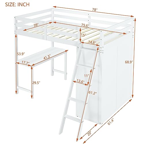 Harper & Bright Designs Full Size Loft Bed with Wardrobe and Desk, Solid Wood Loft Bed Frame with Storage, for Kids Teens Adults (Full Size, White)