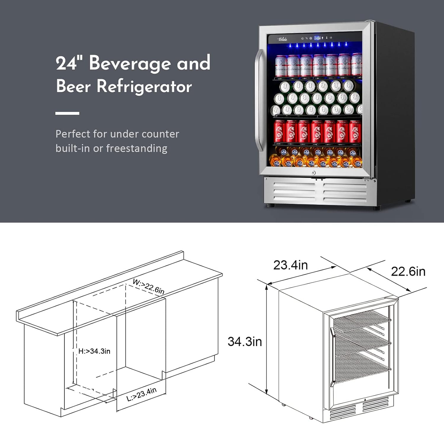 24 Inch Beverage Refrigerator Cooler,210 Cans Wide Beverage and Beer Fridge with Glass Door and Powerful Cooling Compressor