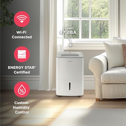 Frigidaire 50-Pint Portable Dehumidifier with Wi-Fi and Energy Star Certification for Medium/Large Rooms & Basements, Custom Humidity Control