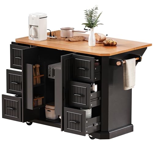 Amposei Rolling Kitchen Storage Island on Wheels with Power Outlet, Drop Leaf Breakfast Bar Kitchen Cart Island Table with Drawers
