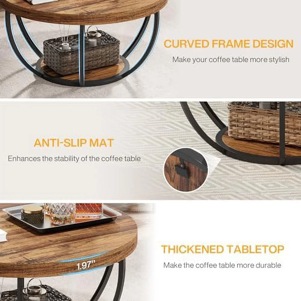 Round Coffee Table  Industrial 2-Tier Circle Coffee Table with  Shelves  JOMA 31.7"