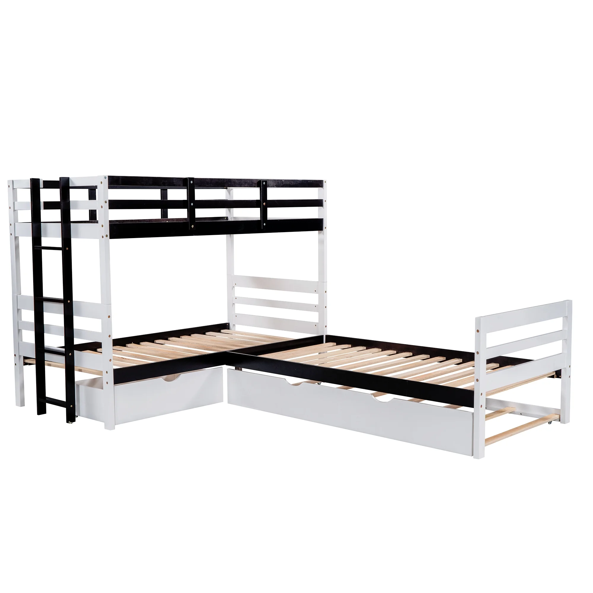 L-Shaped Twin Bunk Bed and Platform Bed with Trundle and Drawer, White - Curated Treasures Market