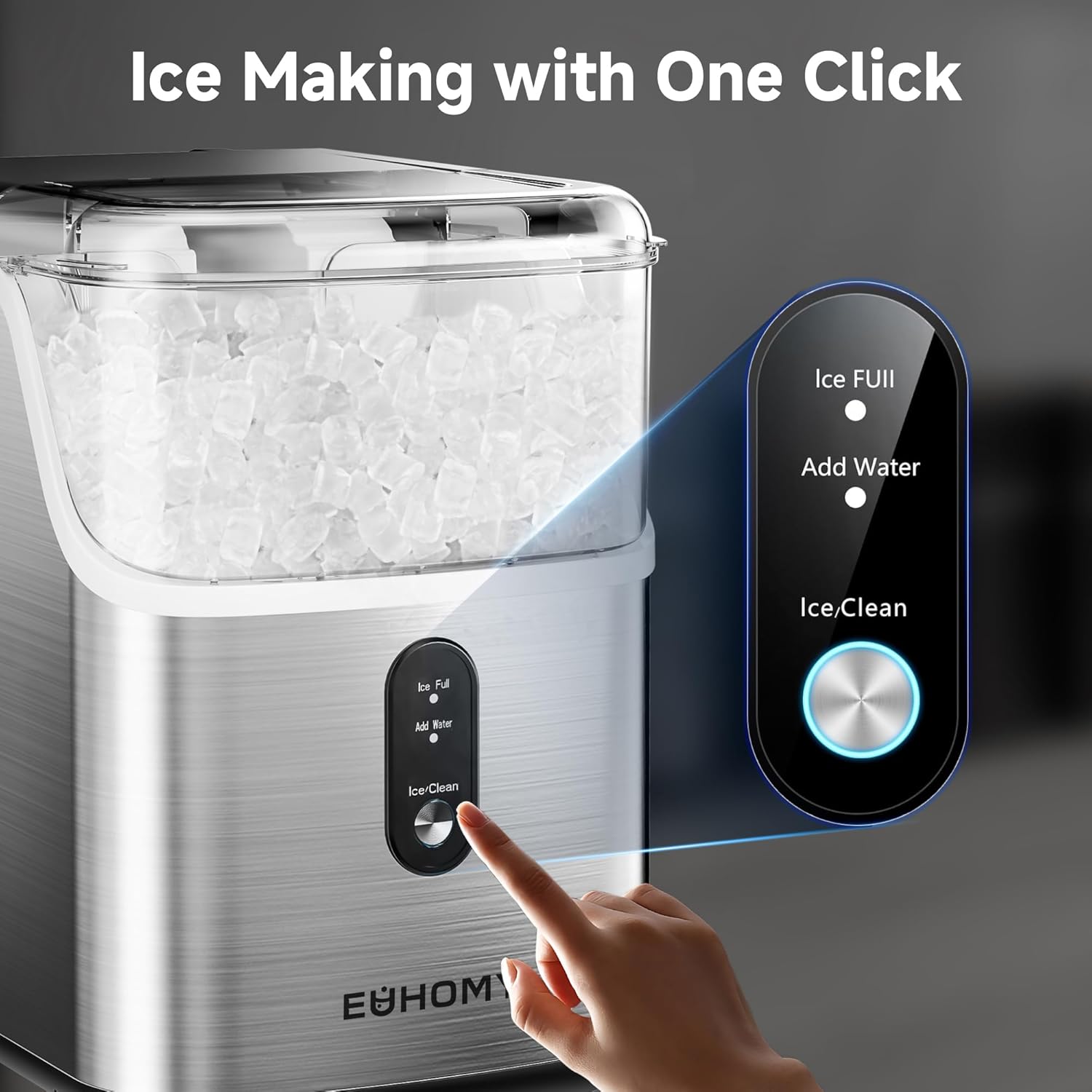 EUHOMY Nugget Ice Makers Countertop, Pebble Ice Maker Machine with 34lbs/24H Soft Ice, Self-Cleaning Sonic Ice Maker with Ice Scoop&Basket
