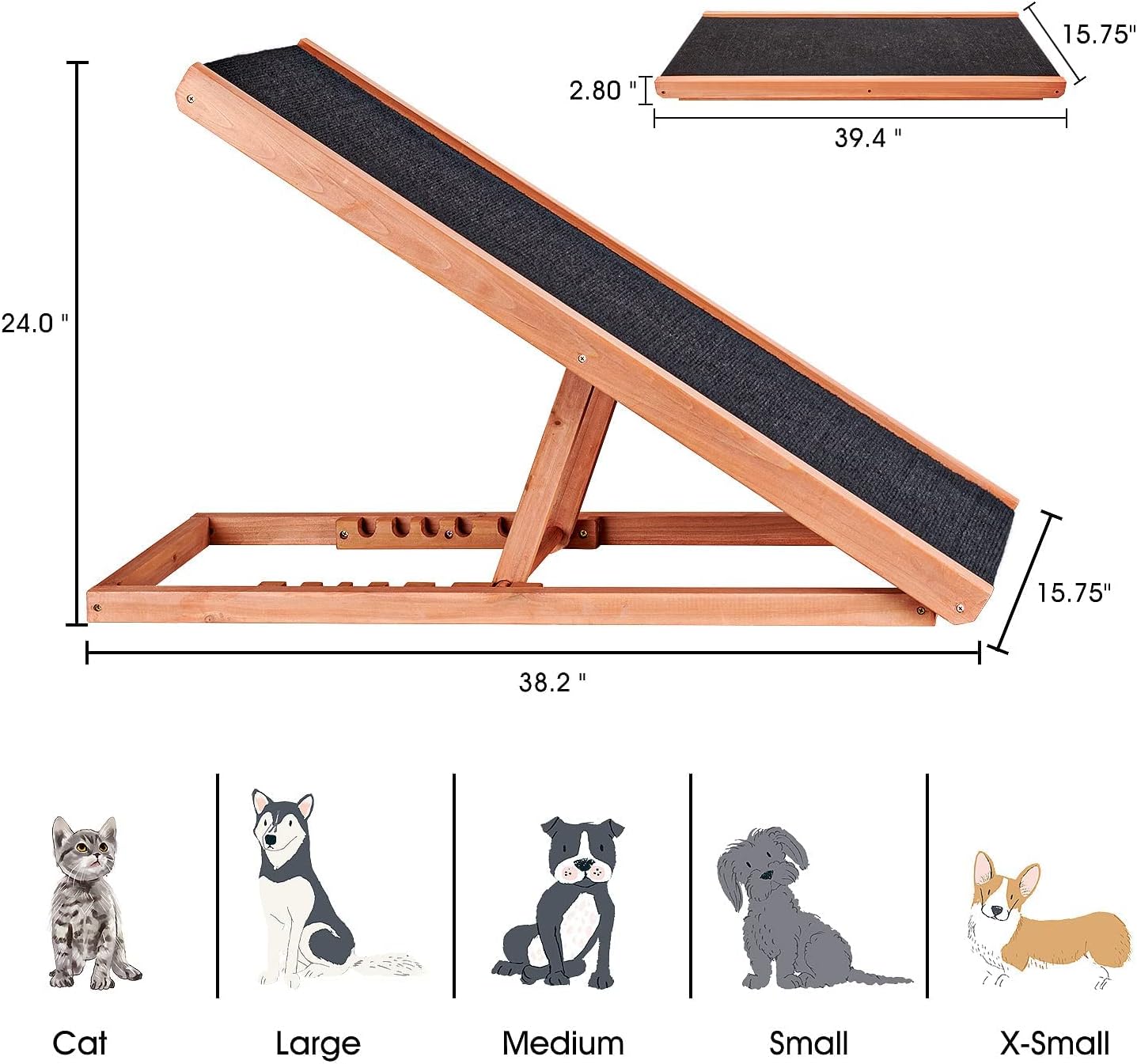 Wooden Height Adjustable Pet Ramp for All Dogs and Cats, 6 Layers from 11.81 inches to 23.6 inches with Non Slip Carpet Surface