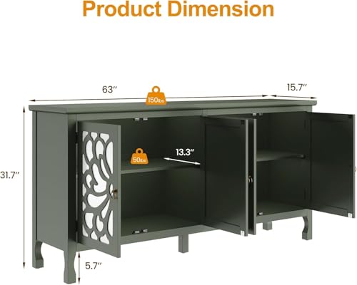 RoyalCraft Buffet Cabinet with Mirror Butterfly Carved Door, 63'' Sideboard Cabinet with Adjustable Shelves
