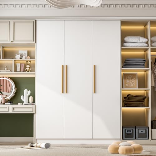 Large Armoire Wardrobe with 3 Doors, 1 Top Storage Space, 1 Hanging Space, 4 Closed Shleves, Clothes Organizer for Bedroom