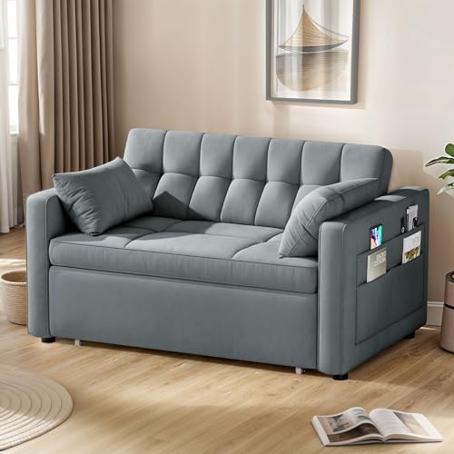 YITAHOME 55" Convertible Sofa Bed, 3-in-1 Sleeper Sofa with Pull-Out Bed, Velvet Futon Couch with Reclining Backrest and Side Pocket