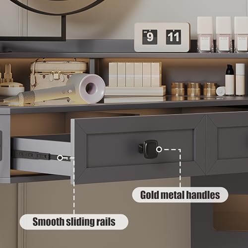 Corner Vanity Desk with Mirror and Lights, Modern Makeup Vanity with Charging Station & Human Sensor Light