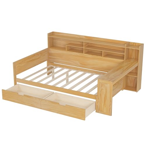 Corner Twin Bed Frame with Bookcase Storage and Desk, Wood Day Beds with 2 Drawers, Twin Size Daybed with Storage for Living Room
