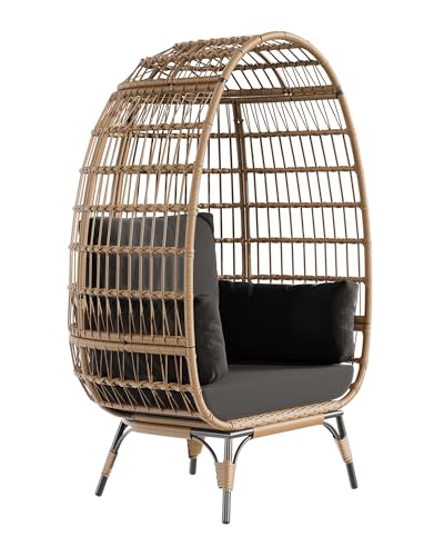Oversized Wicker Egg Chair Outdoor, Patio Lounge Chair with Ultra Luxury Cushions & Steel Frame, 350LBs Capacity Egg Chair Indoor Outdoor for Balcony