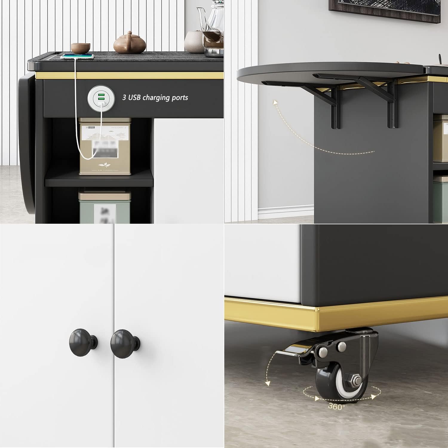 Coffee Table Smart Mobile Tea Table,Folding Dining Table Mobile Tea Cart with 3 USB Charging Ports,Hidden Compartment and Storage Shelf