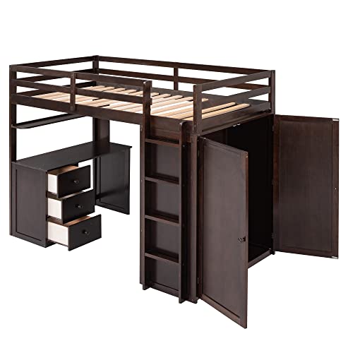 Harper & Bright Designs Full Loft Bed with Desk and Wardrobe,Solid Wood Loft Bed Frame Full with Storage Drawers for Kids Teens Adults