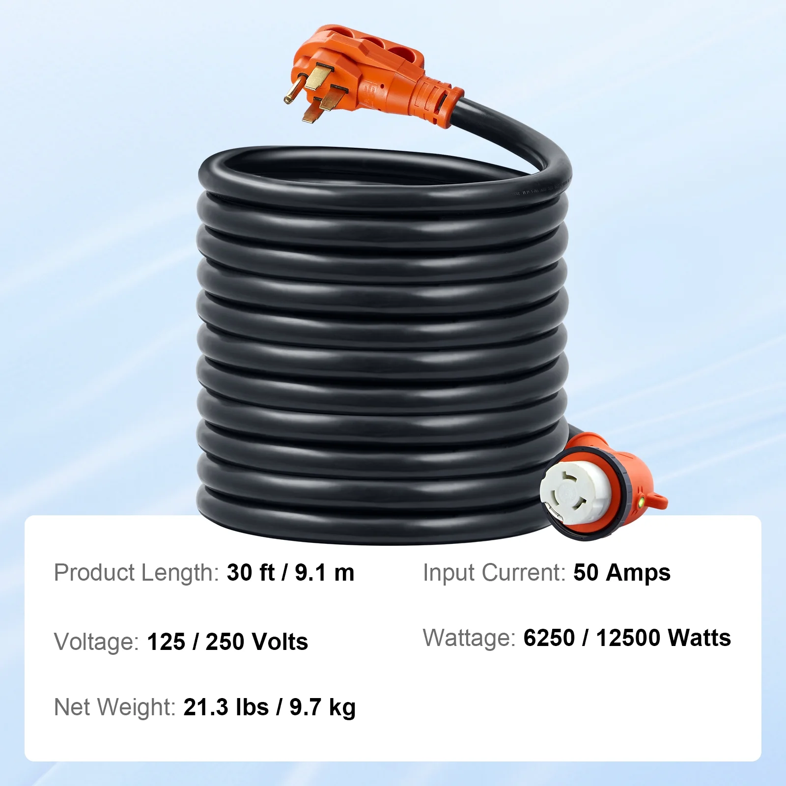 VEVOR 30 Feet RV Power Cord, 50 Amp, Heavy Duty STW 6/3 + 8/1 Generator Cord, NEMA 14-50P Male NEMA SS2-50R Female Plug