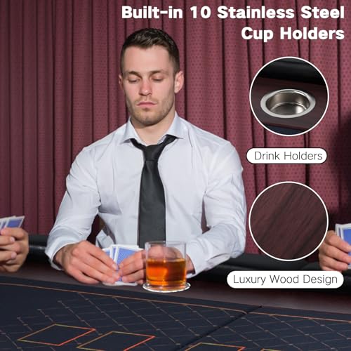 LED Poker Table, 10 Player Foldable Texas Holdem Table w/Inlaid LED Light, 2 USB & 2 Type-c Ports