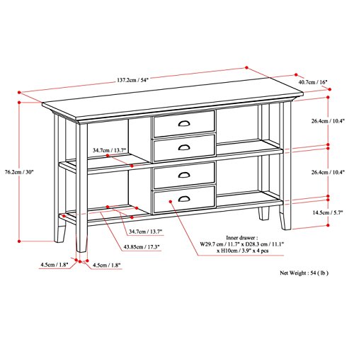 SIMPLIHOME Redmond SOLID WOOD 54 inch Wide Console Sofa Table in Hickory Brown with Storage, 4 Drawers and 4 Shelves