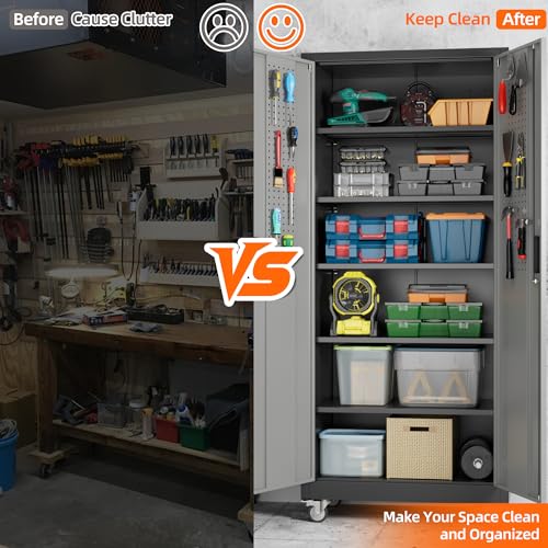 Metal Storage Cabinet with Wheels, 73" H Rolling Garage Cabinets with Locking Doors and Adjustable Shelves for Home Office, Basement, Pantry, Workshop