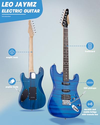 Leo Jaymz 39" Full Size ST Style Electric Guitar Starter Kit with SSH Pickup, 5W Portable Amp, Tuner, Gig Bag, Strap & Accessories (Violet Ocean)