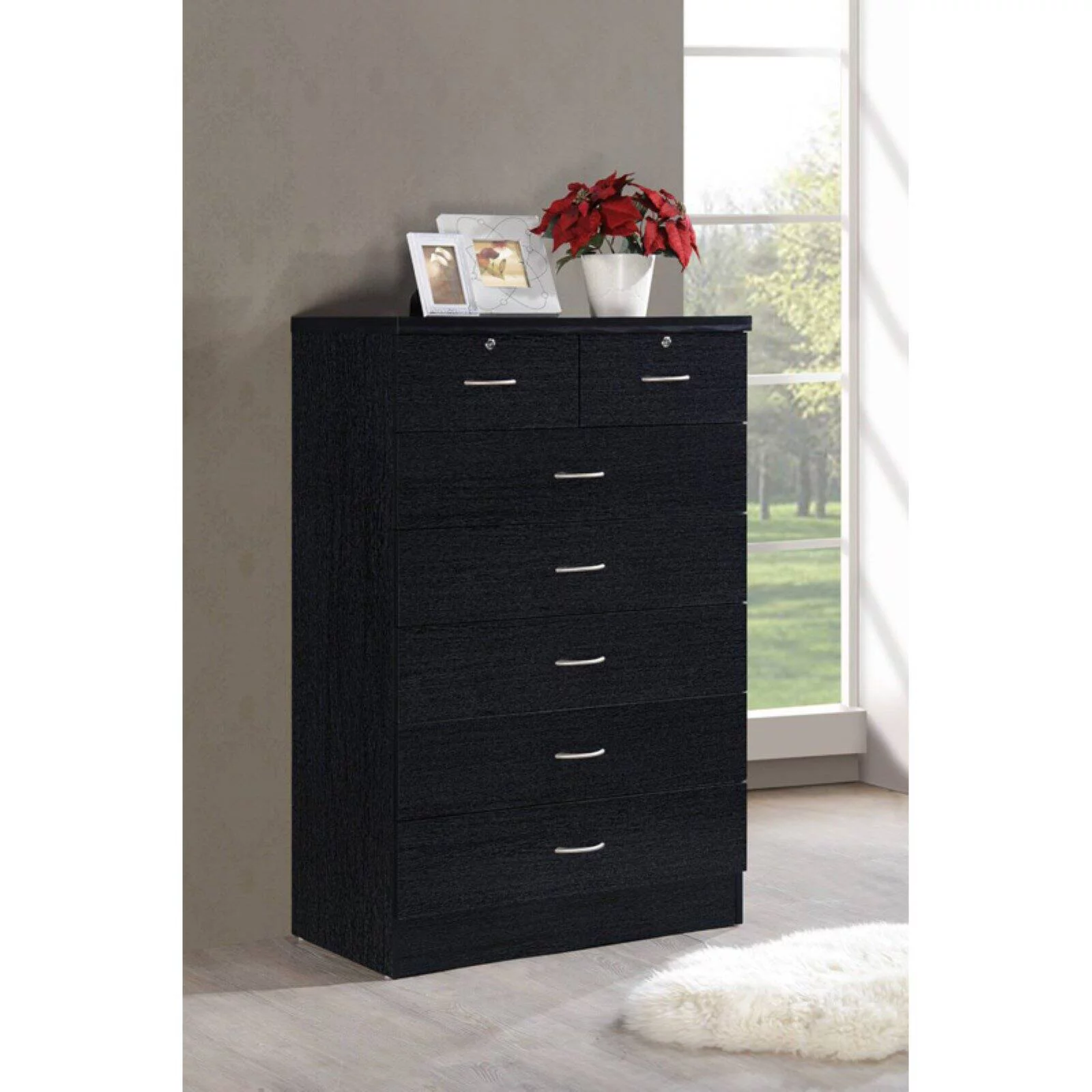 Hodedah 7 Drawer Wooden Jumbo Dresser Chest with 2 Top Locks, Cherry