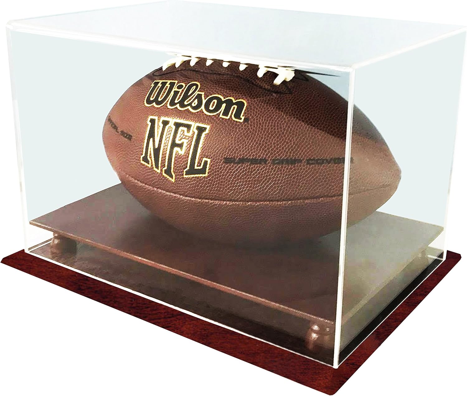 DECOMIL - UV Protection Football Display Case Holder, All 4 Sides Visible, Solid Wood Base - Cherry Finish