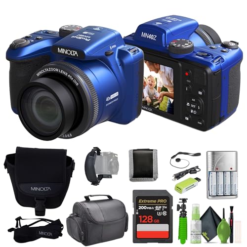 MINOLTA MN40Z 20 Mega Pixels 40x Optical Zoom Digital Camera with 1080p FHD Video (Purple) Bundle with 64GB Memory Card + Vlog Tripod + 4xAA Battery