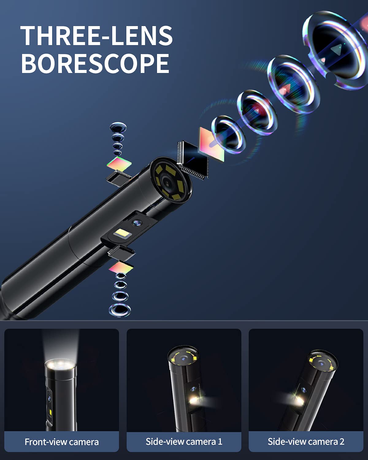 Triple Lens Borescope Inspection Camera, Teslong Professional Endoscope with Light, Digital Video Scope Camera, 16.4ft Waterproof Flexible Cable