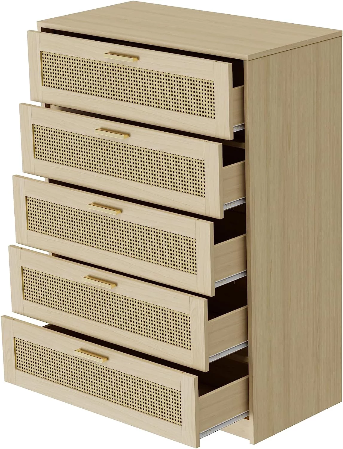 Cozy Castle Rattan 5 Drawer Dresser for Bedroom, Modern Boho Dresser for Bedroom, Wooden Chest of Drawers with Metal Handles, Oak