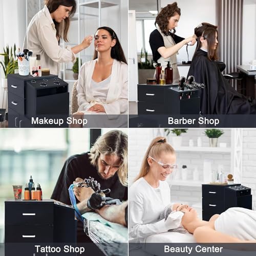 Salon Trolley Cart with Wheels, Salon Station Rolling Cart with 5 Hair Dryer Holders, 2 Drawers, 1 Large Cabinet (White)