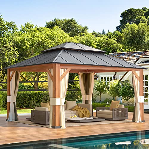 EROMMY 12'x20' Hardtop Gazebo Double Roof Galvanized Steel Canopy Outdoor Aluminum Frame Permanent Metal Pavilion with Netting and Curtains for Patio