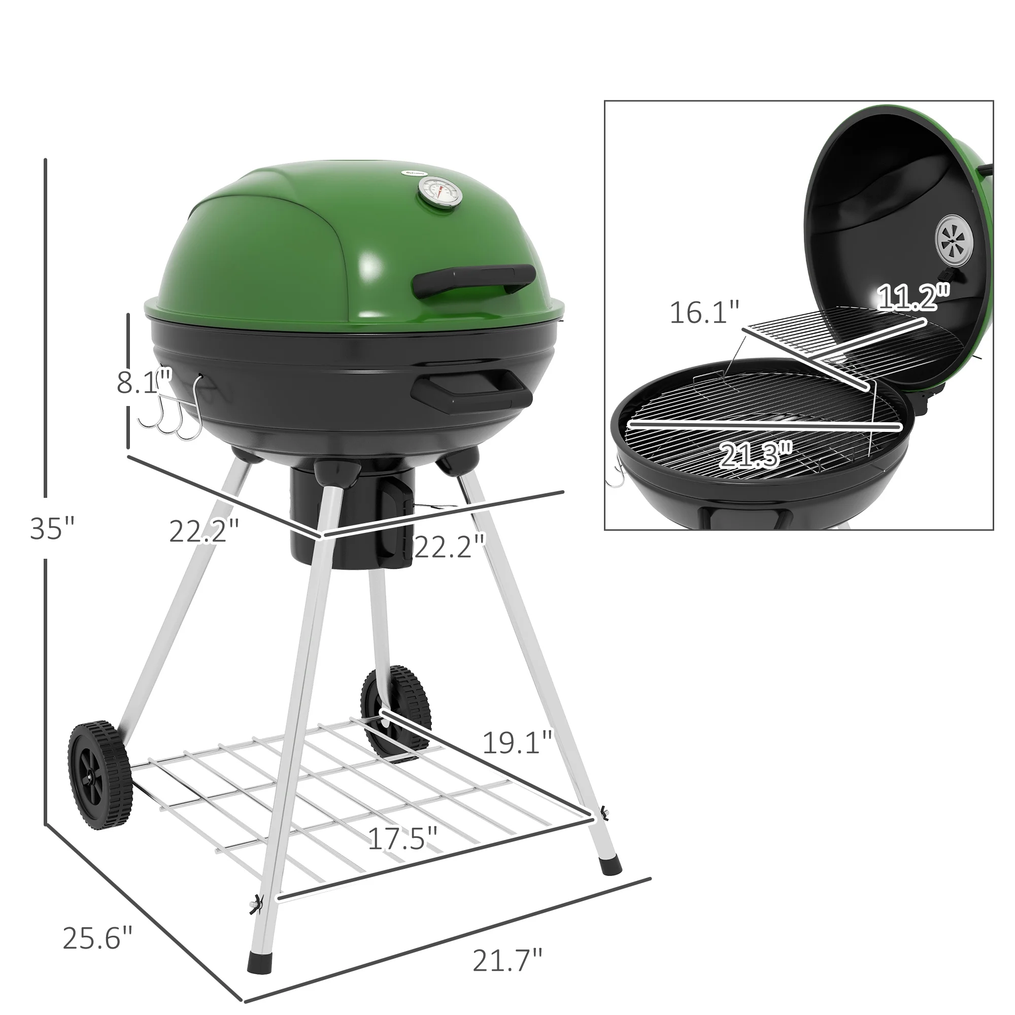 Outsunny 21 Kettle Charcoal BBQ Grill with Wheels, Barbecue, Green