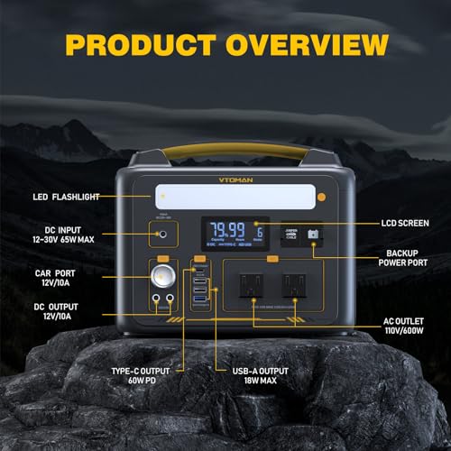 VTOMAN Jump 600X Portable Power Station, LFP Battery Powered Generator with 2x 600W AC Outlets (Surge 1200W), 4x USB ports