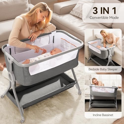3 in 1 Baby Bassinet Bedside Sleeper, Breathable Mesh Safe Bedside Bassinet for Baby, Easy Assemble & Folding Portable Bassinet