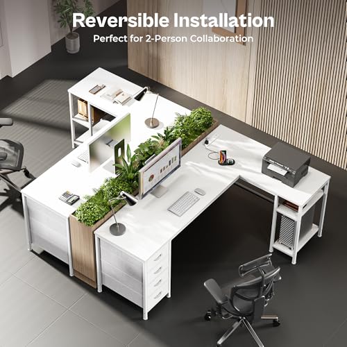Huuger 63 Inch L Shaped Desk with Fabric Drawers, Reversible Computer Gaming Desk with Power Outlets and USB-C Port, Adjustable Side Storage Shelves