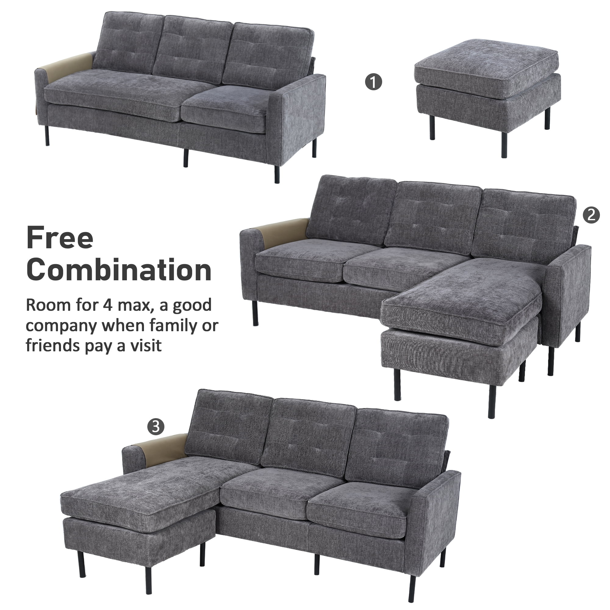 Sectional Sofa Couch Converible - L Shaped Sofa Adult Size with Grey Chenille fabric