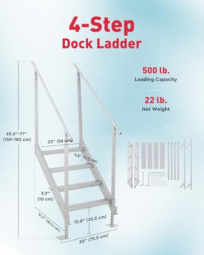 CO-Z 4 Step Dock Ladder, Pontoon Boat Ladder with 500lb Load, Height Adjustable Swim Ladder with Wide Step & Nonslip Tread