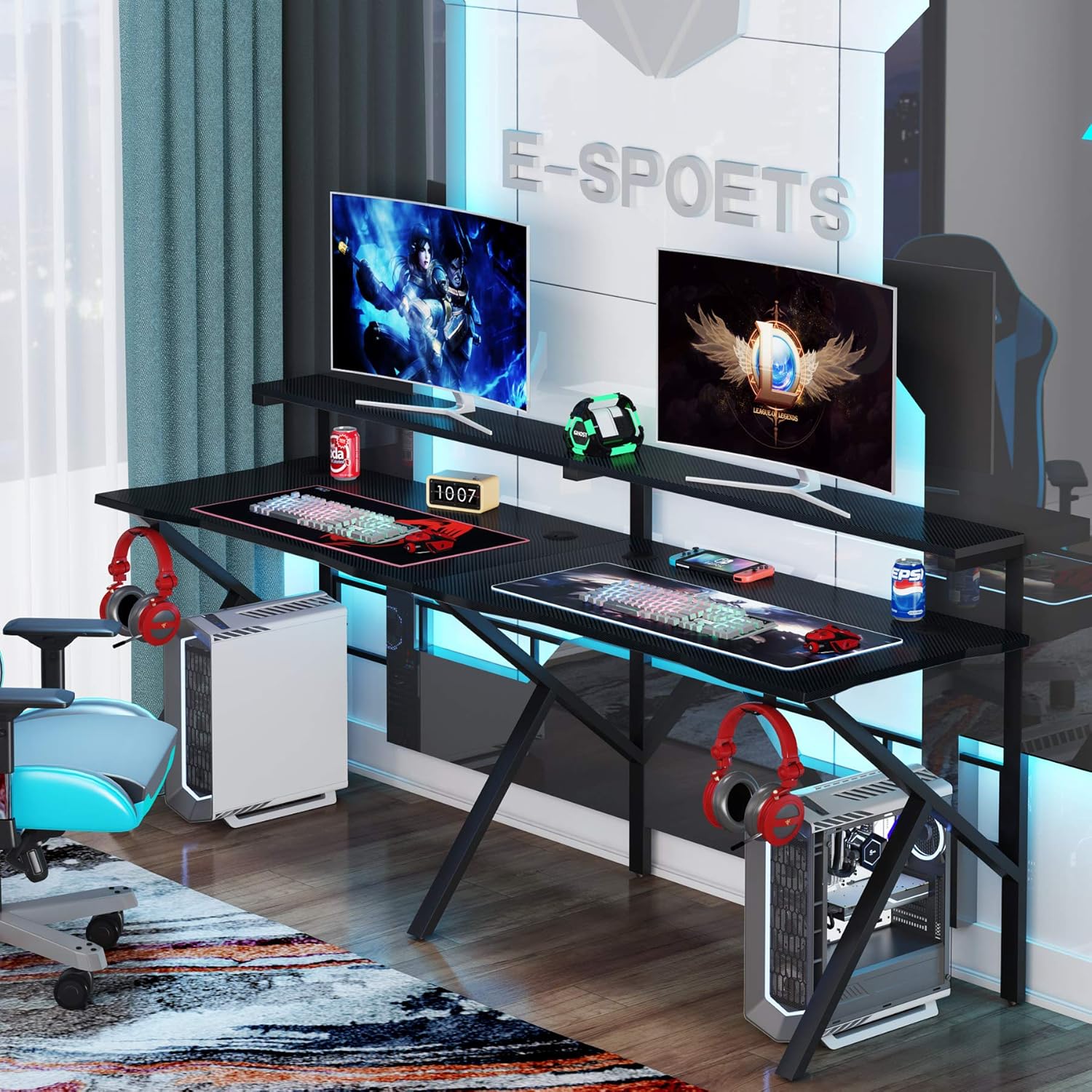 Tribesigns Two Person Gaming Desk with Hutch Monitor Shelf, 78 inches Double Computer Desk with Headphone Hooks