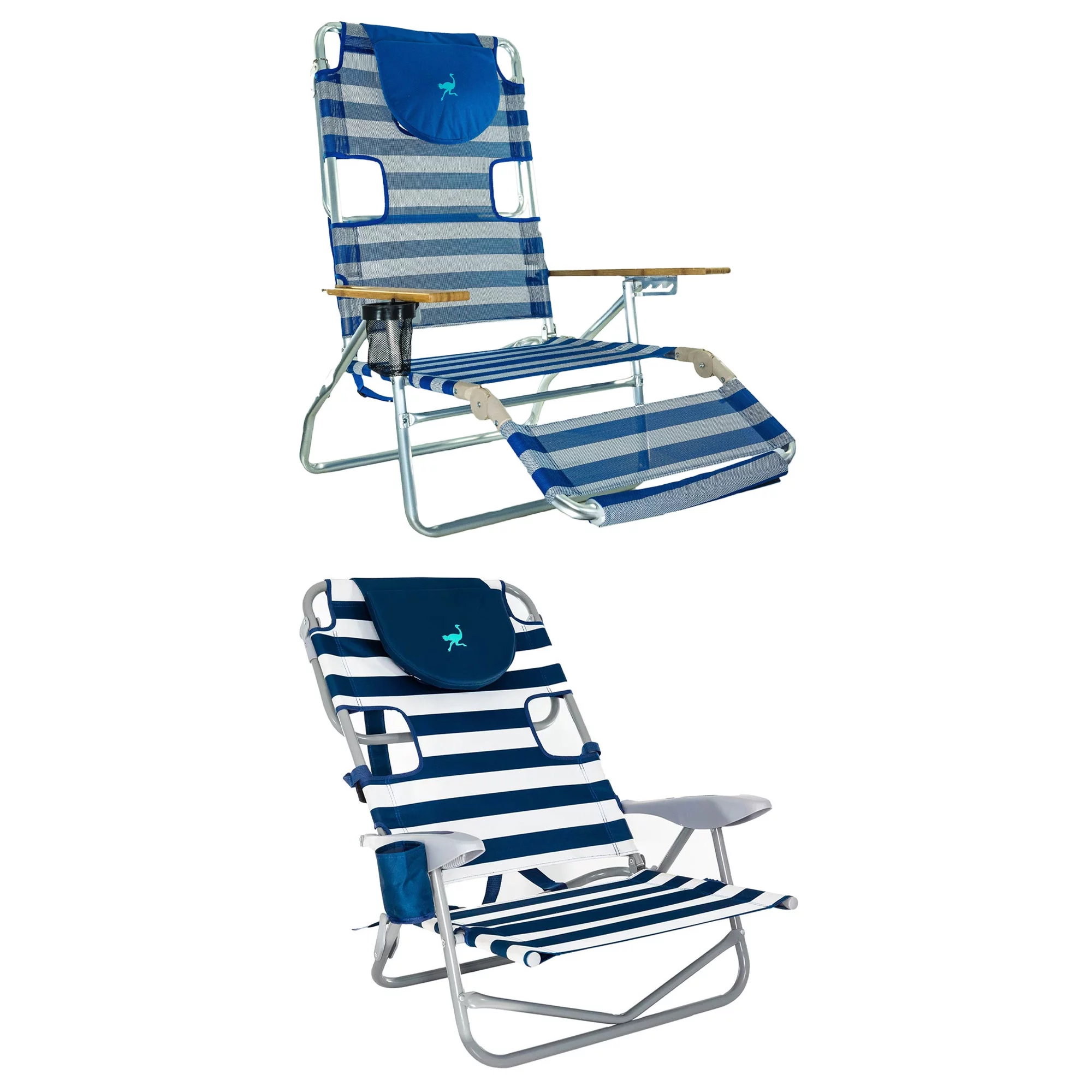 Ostrich 3N1 Reclining Beach Chair & On-Your-Back Beach Chair, Striped Blue