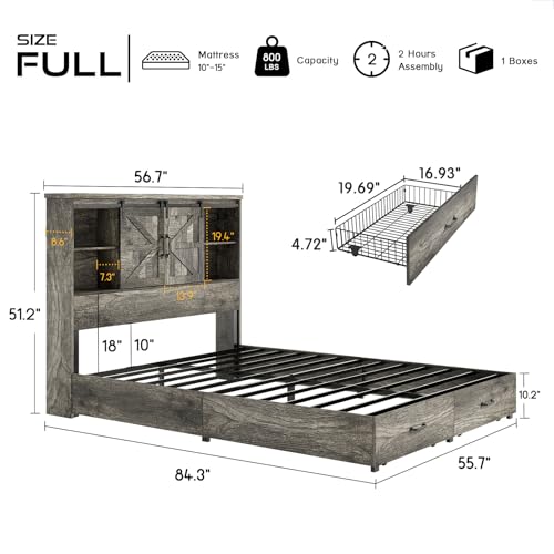 HOWE King Size Bed Frame, Wood Platform Bed Frame with 51.2" Bookcase Headboard, Storage Bed with Sliding Barn Door Charging Station 2 Drawers