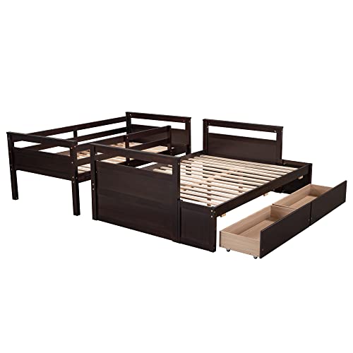 Ball & Cast Twin-Over-Twin Bunk Bed with Twin-Size Trundle and 3 Storage Stairs,Wood Bunkbed w/Full-Length Guardrails,Slat Support