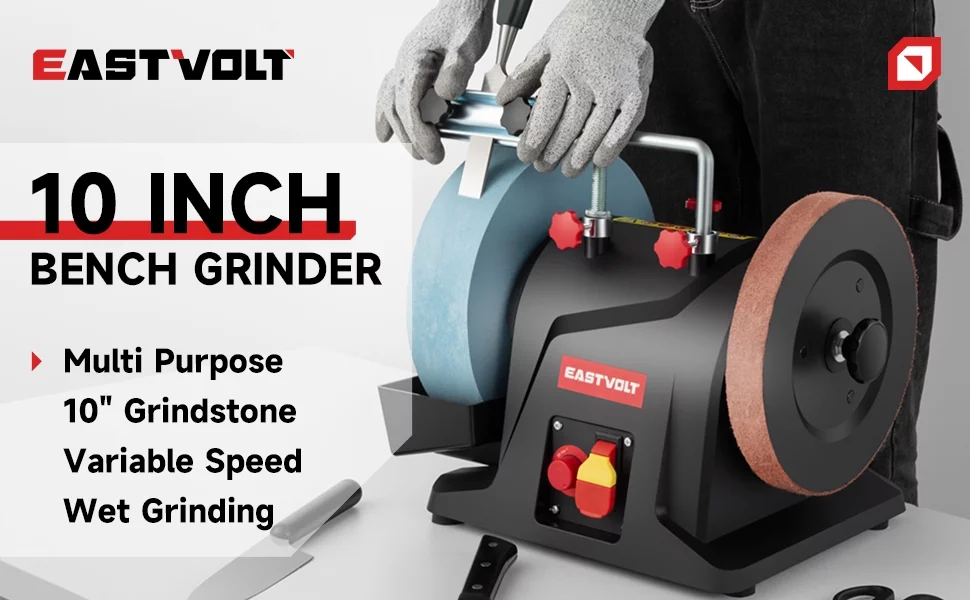Eastvolt 10 Inch Low Speed Wet Grinding Machine, 90- 150RPM Variable Speed Water Cooled Sharpening System for Household Knives and Woodworking Tools